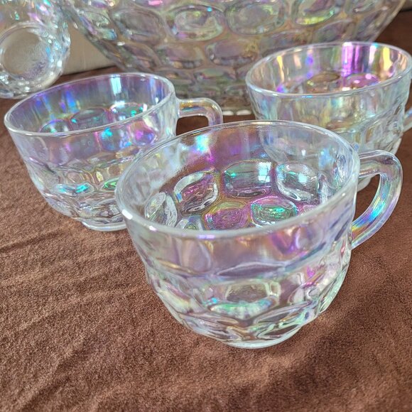 Vintage Thumbprint Carnival Glass Punch Bowl Set - Picture 3 of 8